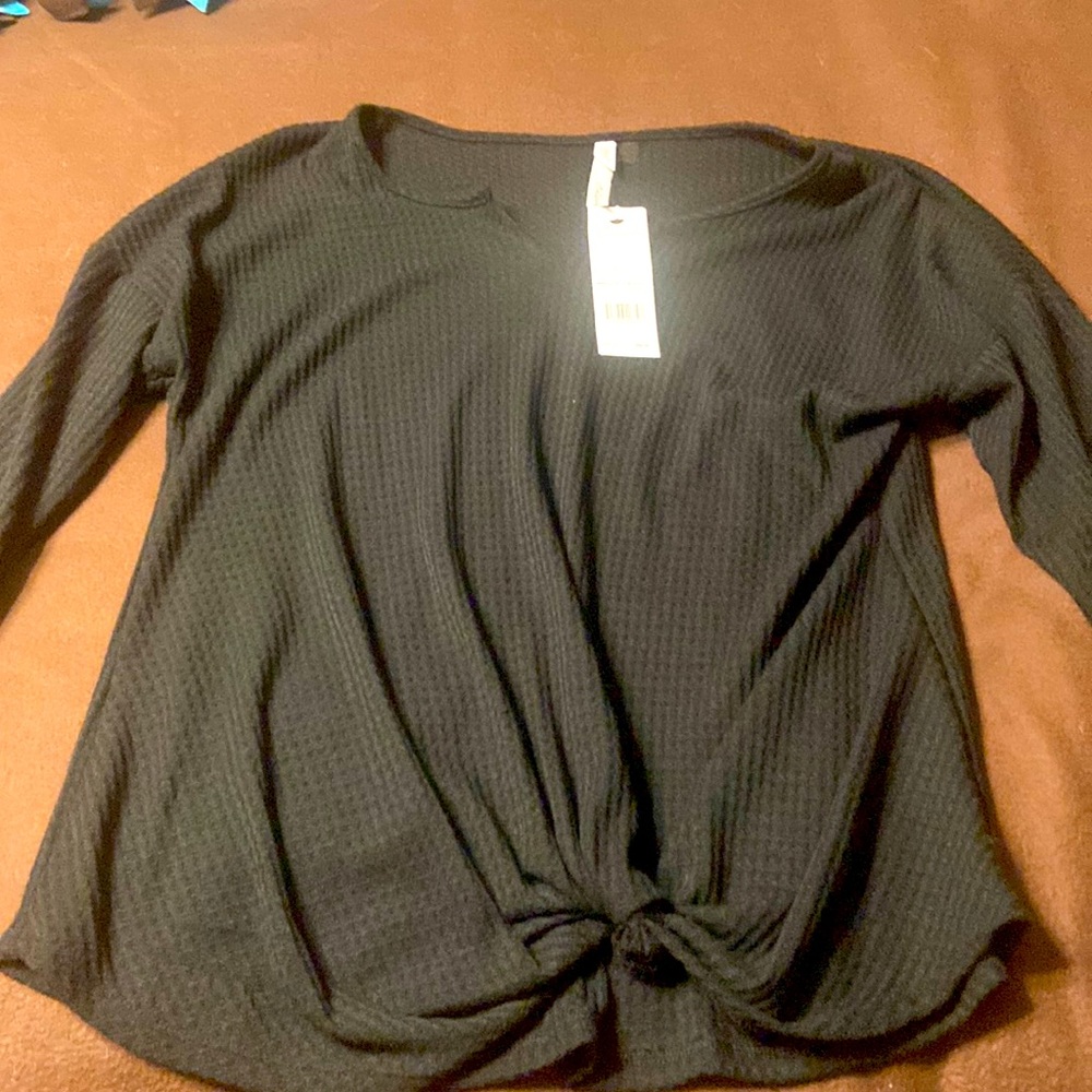 NY collection long sleeve waffle shirt with twist waist detail